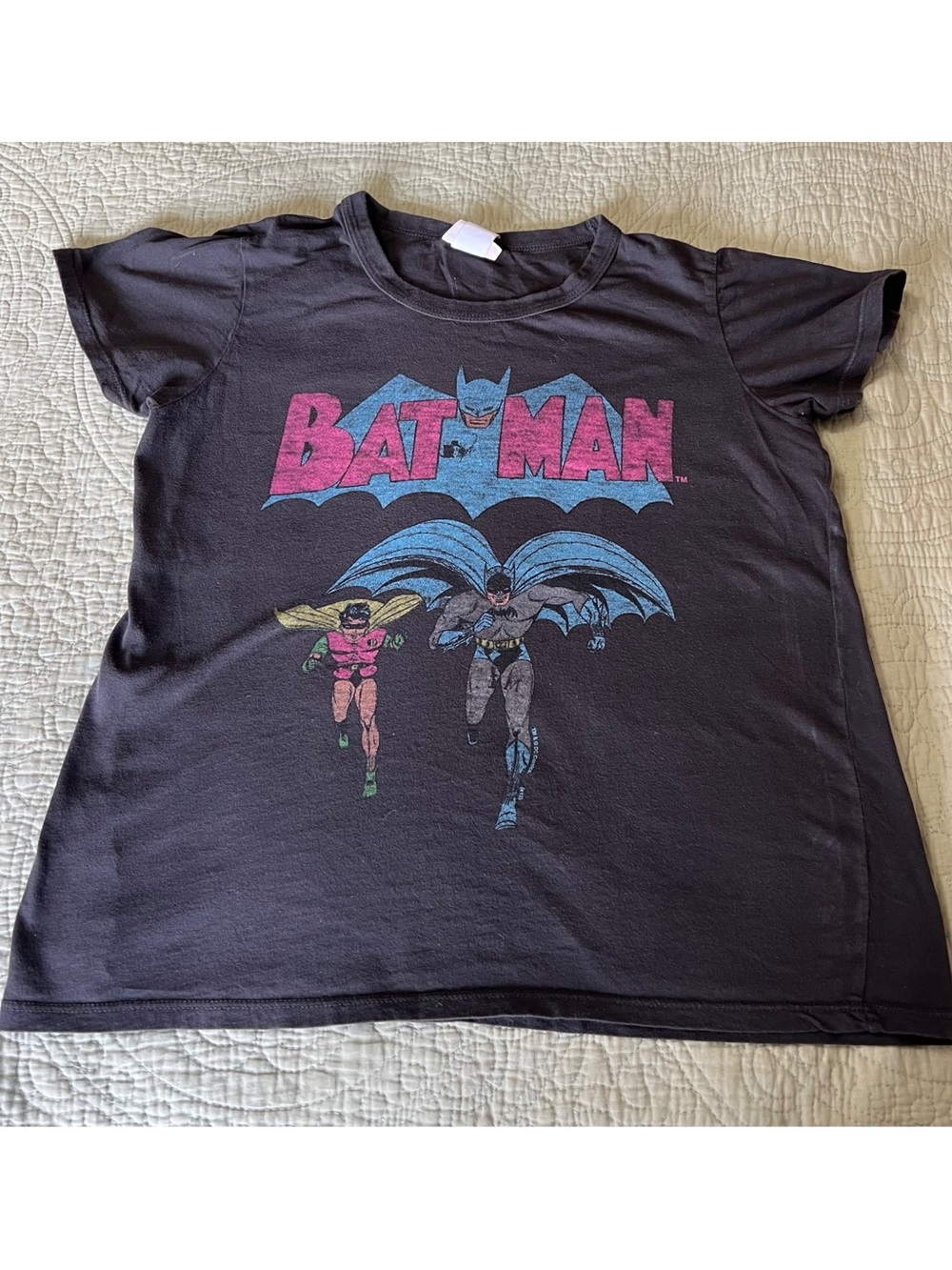 Junk Food Clothing Black Batman Graphic Tee with Pink and Blue Logo